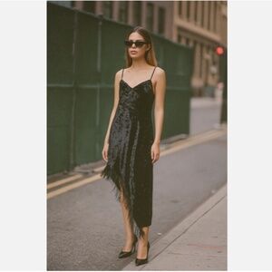 Be You Black Velvet Asymmetrical Feather Hem Dress Y2K Style Large VTG Retro
